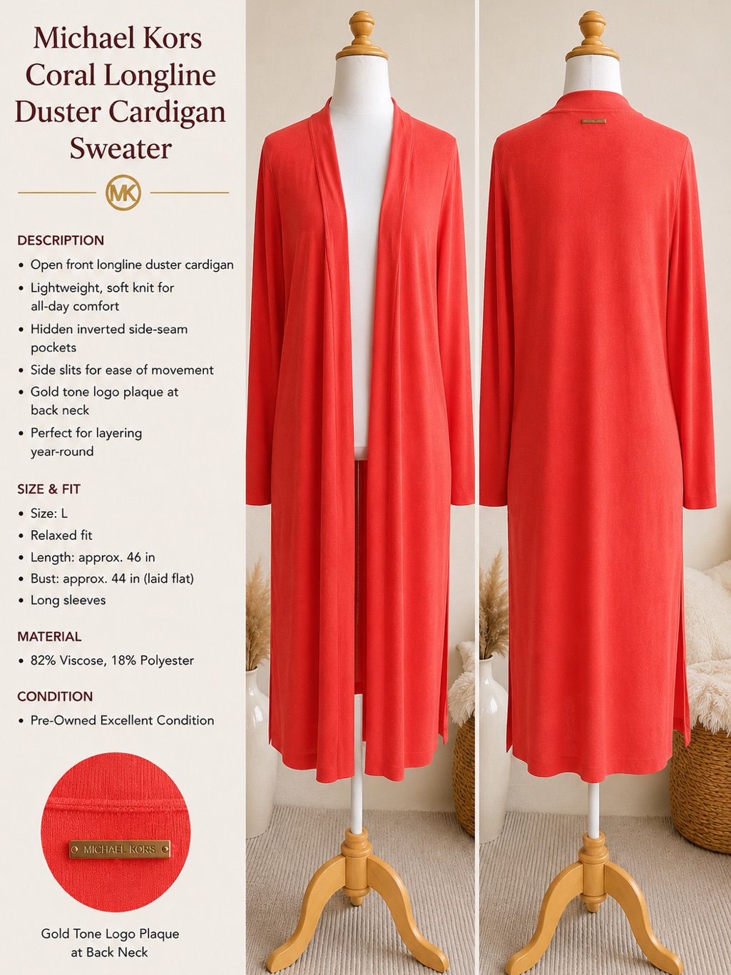 Michael Kors Coral Open-Front Longline Cardigan